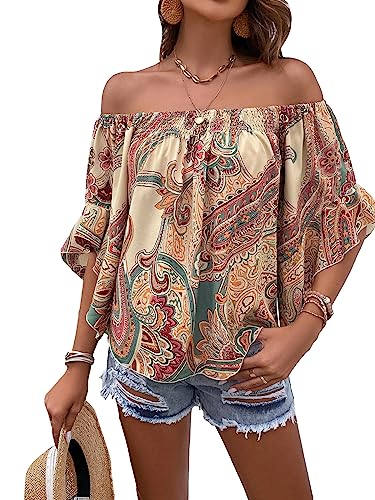 Floerns Women's Off Shoulder Flounce Sleeve Boho Printed Summer Blouse Top