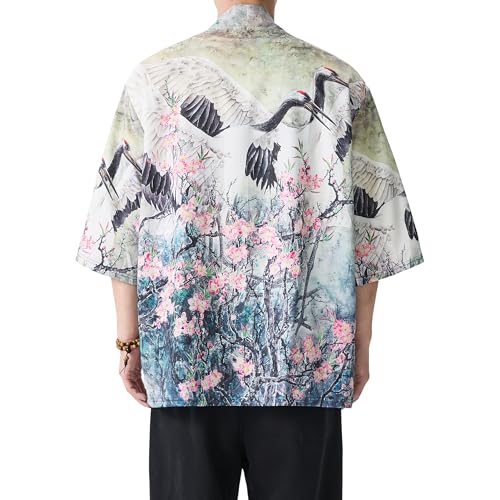 Image of PRIJOUHE Men's Lightweight Kimono Jacket Seven Sleeve Open Front Cardigan Coat Japanese Style Bathrobe