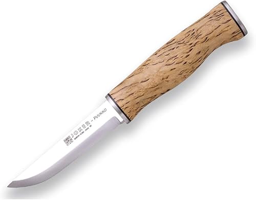 Joker Cuchillo de montaje Puukko CL127, mango de madera de abedul rizado, hoja de 3.94 pulgadas en acero Sandvik 14C28N, incluye funda de cuero