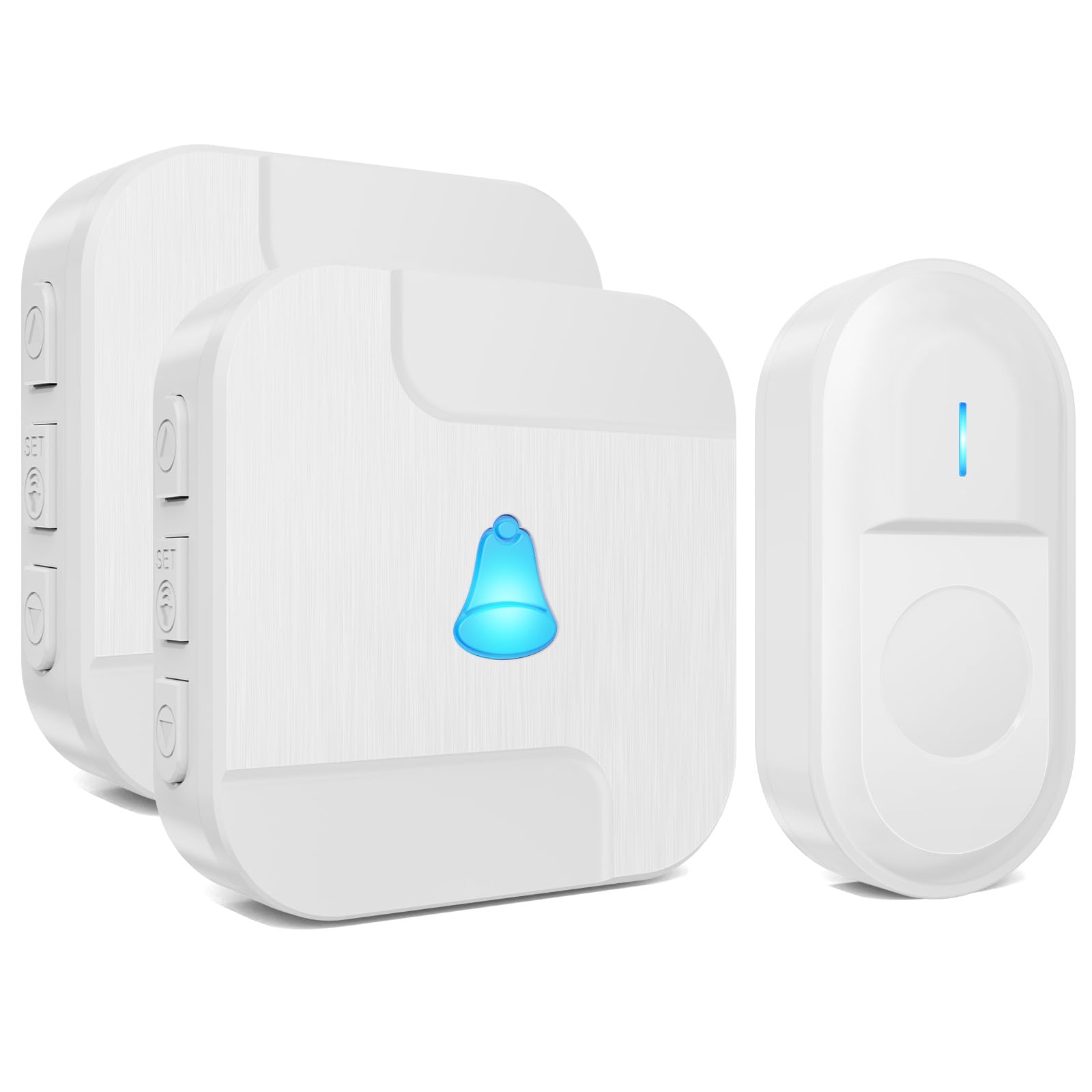 Surfou White Wireless Doorbell With 2 Receiver, Waterproof Twin Wireless Doorbell Cordless Battery Operated Push Button Door Bells Chime At 1,000Ft Range With 55 Chimes, 5-Level Volume, Led Light