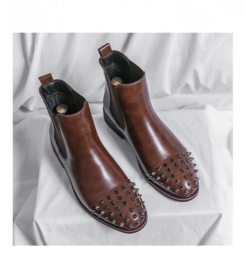 Santimon Men’s Studded Cap-Toe Leather Chelsea Boots Bold Spike-Embellished Slip-On Ankle Boots for Party, Stage, or Fashion, Black/Brown2