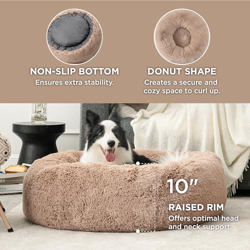 Bedsure Calming Dog Beds Large Sized Dog - Donut Washable Large Pet Bed, 36 inches Anti-Slip Round Fluffy Plush Faux Fur Dogs Bed, Fits up to 80 lbs Pets, Camel - Image 6