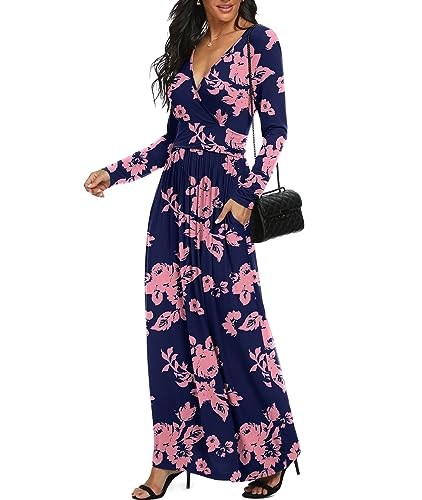 Image of LILBETTER Women Long Sleeve Deep V Neck Loose Plain Long Maxi Casual Dress