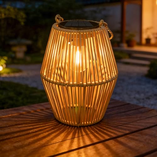 Ollny Solar Laterne für Außen, Modern Solar Rattan Latern im Boho-Stil, Solarlampen für Balkon, Terrasse, Garten(Warmweiß)