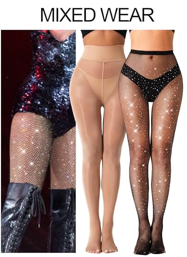 Image of VEBZIN 2 Pairs of Women's Sheer Tights, Fishnet Tights Match Sets Sparkly Tights Sheer Stockings Pantyhose