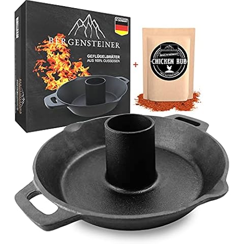 Bergensteiner® Geflügelhalter aus 100% Gusseisen | Hänchenhalter | Premium Geflügelbräter Guss | Hänchenbräter, Gusseisener Hänchenständer für Grill & Backofen | inkl. Chicken Rub Cover