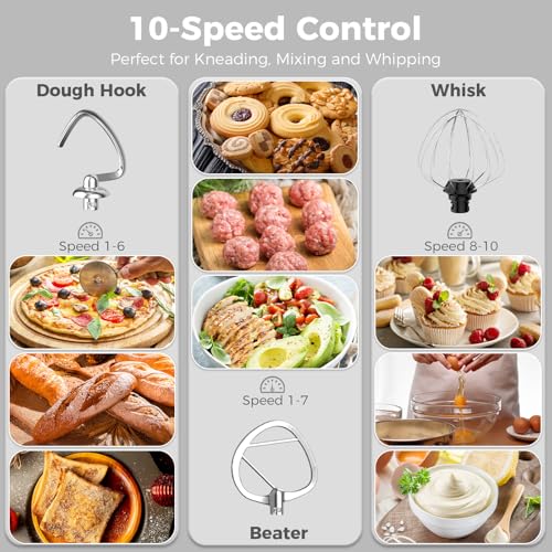 YASHE Stand Mixer, 4.5+5L 1500W Food Mixer for Baking, 10+P Speed Tilt-Head Cake Mixer with Dough Hook, Beater & Whisk, Dishwasher Safe - Image 4