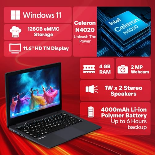 Image of EBook 11.6 inch HD Laptop | Best Student & Office Work Laptop | Celeron N4020 | 4GB DDR4 | 128GB eMMC + M.2 SSD Expandable Slot | Win 11 Home |31Wh Battery | UHD Graphics 600 | Black