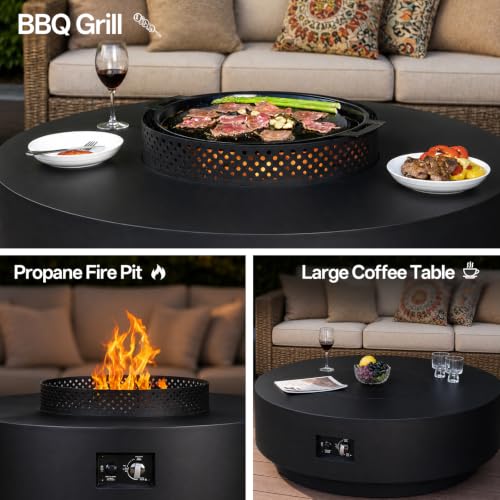 Image of 42-inch Propane Fire Pit Table, 65,000BTU Gas Fire Pit Table | Round Fire Pit w /Lid, Lava Rocks,Tank Cover, Rain Cover, for Outdoor Patio, Black