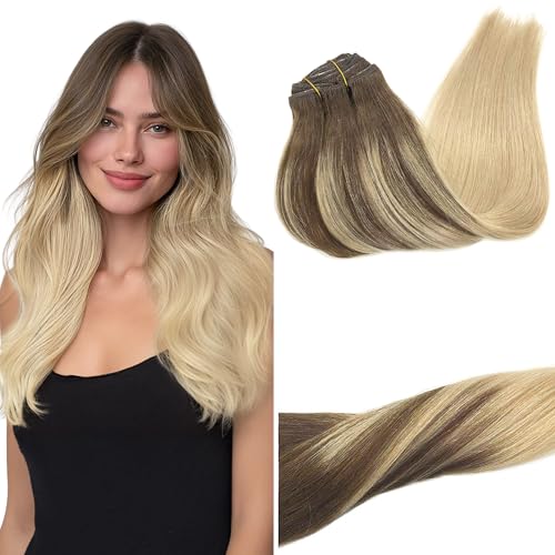 Image of GOO GOO Clip in Hair Extensions Real Human Hair, Remy Human Hair Extensions Clip ins for Women, Natural Human Hair, 18inch 120g 7Pcs, 4 /18 Balayage Chocolate Brown Highlighted Dirty Blonde