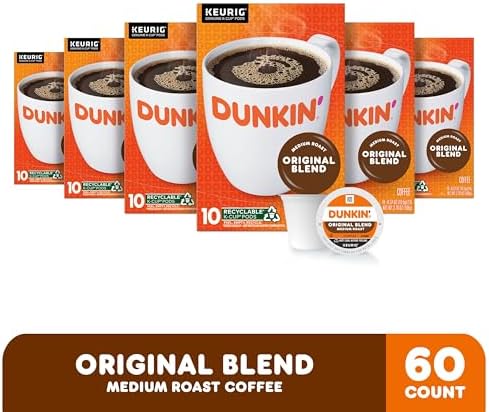 Dunkin’ Original Blend Medium Roast Coffee, Keurig K-Cup Pods, 10 Count Boxes (Pack of 6)