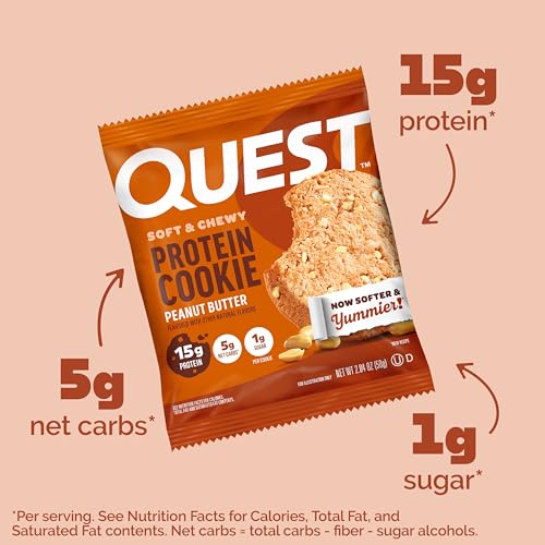 Image of Quest Nutrition Peanut Butter Protein Cookie, 15g Protein, 1g Sugar, 5g Net Carbs, Keto Friendly, High Protein, Low Carb, 12 Count