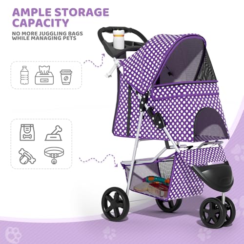 Image of Magshion 3-Wheel Pet Stroller, Foldable Travel Jogger for Small & Medium Dogs & Cats (Up to 33lbs), Lightweight Carrier with Breathable Mesh Cover, Cup Holder & Storage Basket, Purple Polka Dots