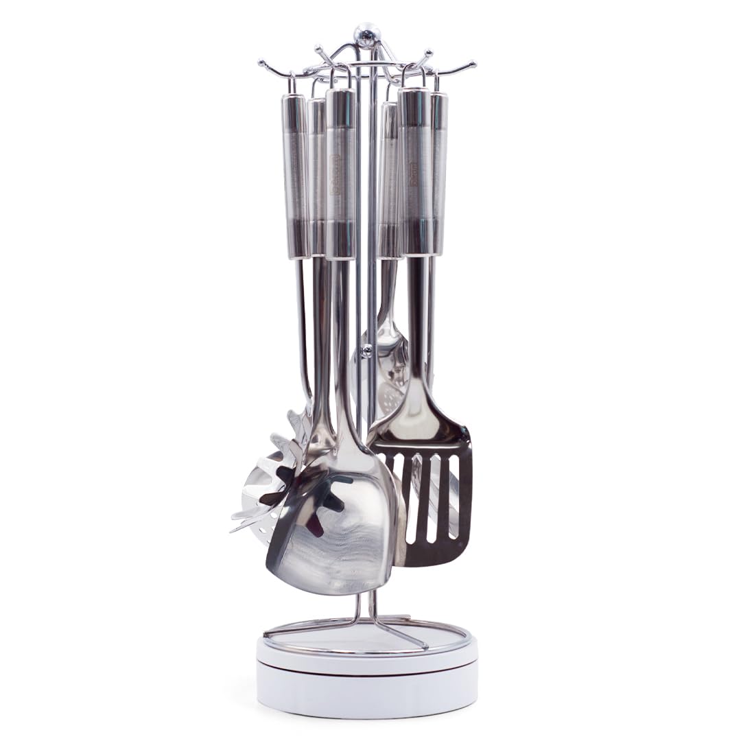 BERAM Stainless Steel Cooking Utensils Set – 6-Piece Kitchen Tool Set with Pasta Server, Turner, Spatula, Skimmer, Rice Scoop & Soup Ladle – Durable Matte Silver Cookware Utensils