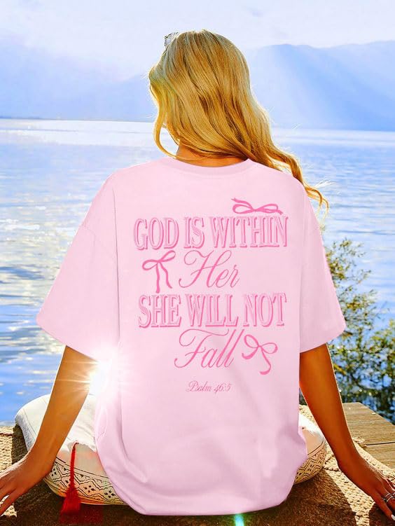 Oversized Christian Shirts for Women God is Within Her T Shirt Jesus Religious Gift Tee Bible Verse Inspirational Tops3