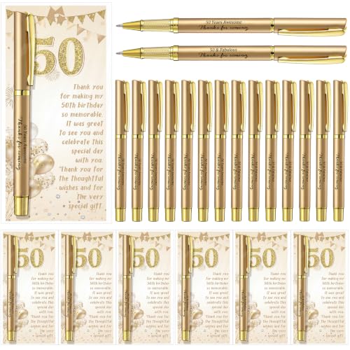 Cadeau d'anniversaire 50 ans : lot de 50 stylos dorés et cartes de remerciement pour fête