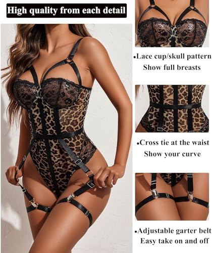 Image of SSoShHub Women Lingerie Set Lace Teddy Strap Babydoll Bodysuit Bikini with Garter Belt One Piece Lingerie Strappy Lingerie