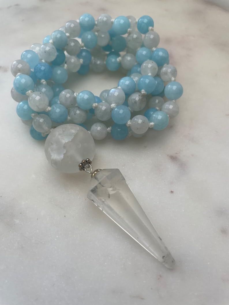 Natural Aquamarine and Moonstone 8mm 108 Mala Beads, Spiritual, Meditation Beads, Reiki, Japa Mala, Buddhist Prayer Beads, Yoga Bracelet, healing beads
