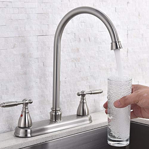 Modern Lead Free High Arc Swivel Spout Two Handle Side Sprayer Kitchen Faucet, Brushed Nickel Finished Kitchen Sink Faucet