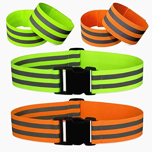 Morbeste 6 PCS Reflective Running Gear, High Visibility Glow Safety Reflective Belt or Sash, Lightweight Reflective Band Strap for Running, Walking, Cycling - Fits Women, Men, Kids (Green+Orange)