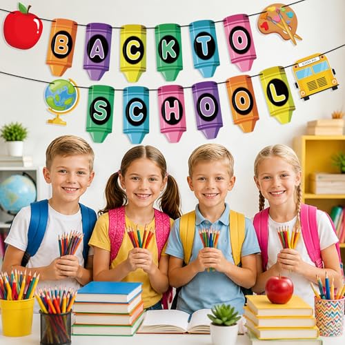 Image of Back to School Banner First Day of School Garland Crayon Apple Classroom Decorations for Teacher Kindergarten Preschool Classroom Office Bulletin Board Decor Photo Backdrop Party Favors