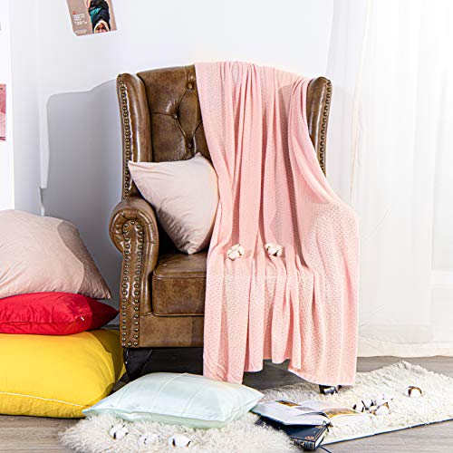 Image of NTBAY Rayon Derived from Bamboo Knit Throw Blanket, 51 x 67, Pink | Breathable Cable Knit Throw Made with Rayon Derived from Bamboo, Soft Cooling Bed Throws for Sofa, Bed, Reading, and Travel