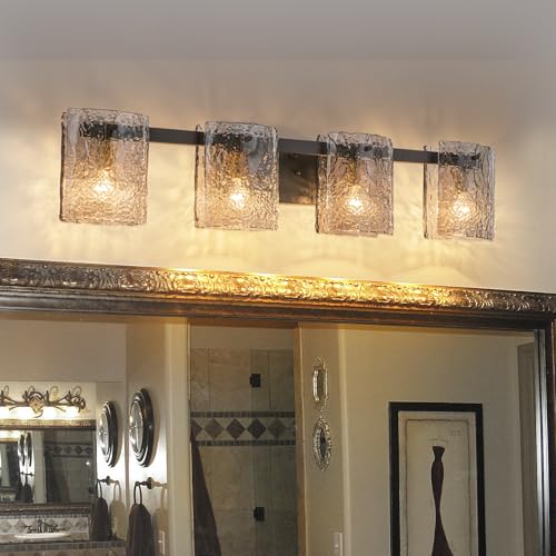 Image of EDISLIVE Vintage Bathroom Vanity Light Black 4-Light Bath Wall Light Fixture with Ripple Block Shades Glass 32.9 inch E12 Antique Wall Sconce for Bedroom Hallway Living Room Vanity Mirror