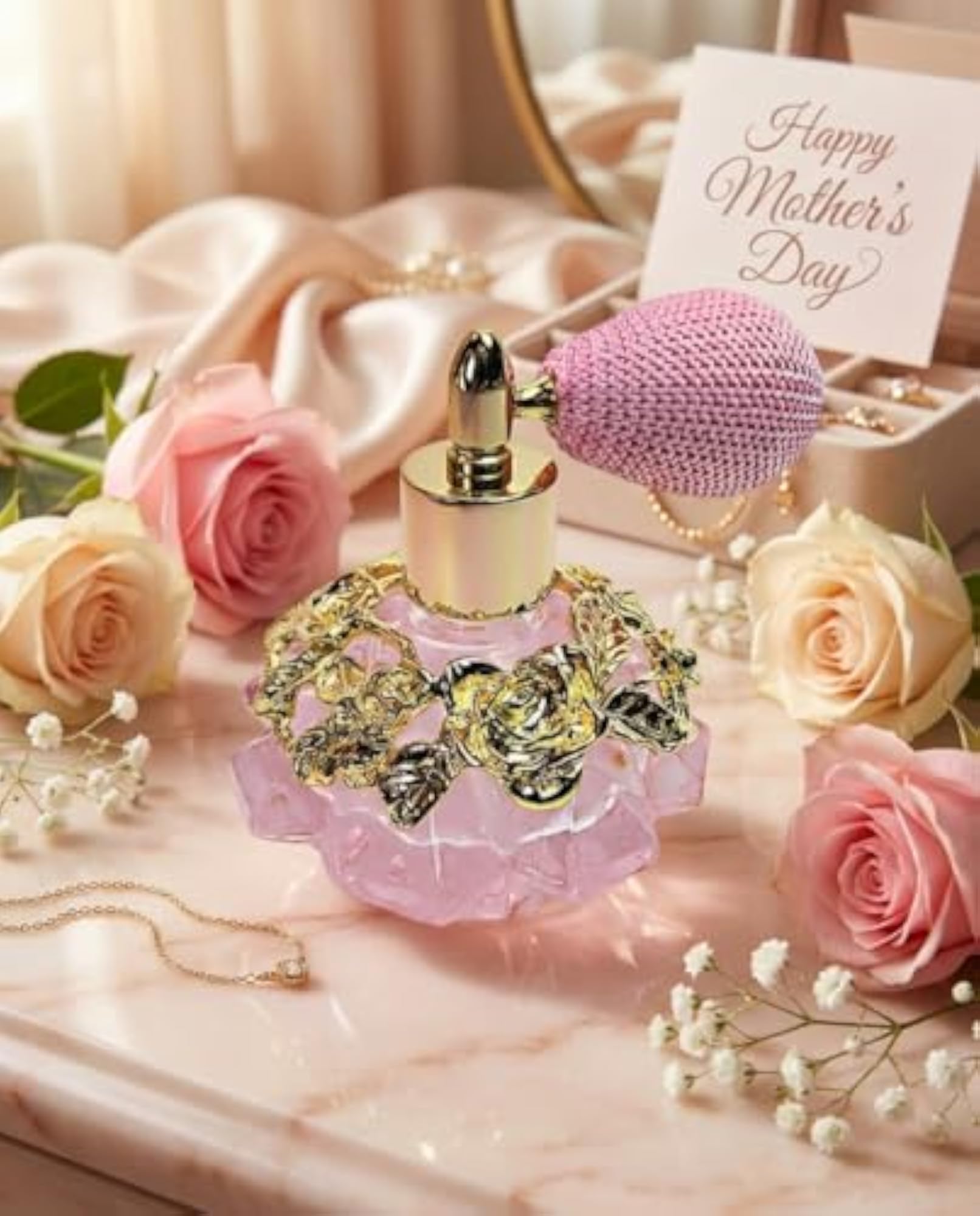 Refillable Pink Glass Perfume Bottle with Bulb Spray Attachment