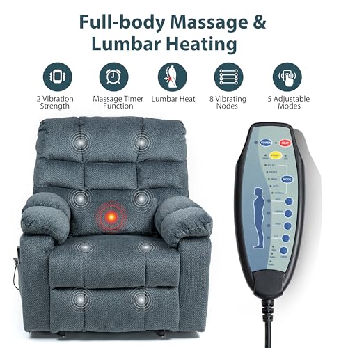 Oversized Zero Gravity Power Lift Recliner Chair for Elderly Adults Big Man Electric Lay Flat Recliner Triple Motor with Heat and Massage, Adjustable Seat Height, Arm Storage, Cup Holder