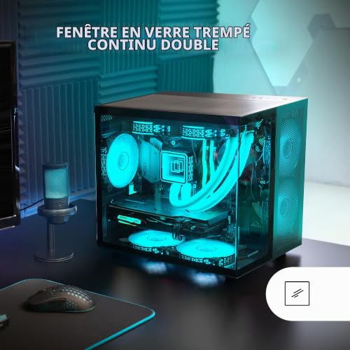 Mars Gaming MC-NOVAM Noir, Boîtier Compact Custom MicroATX, Double Fenêtre Verre Trempé Continu, Châssis Modulaire à Double Chambre, Grille Avant, Support Refroidissement Liquide, Connecteur USB-C