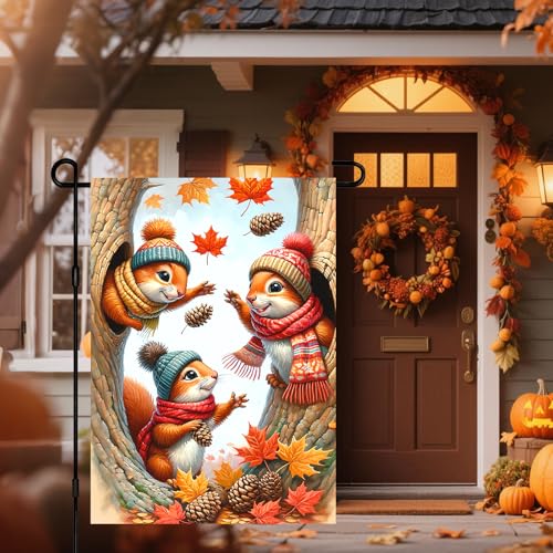 Image of BlissYard Fall Garden Flag 12x18 Inch Squirrel Pinecones Autumn Yard Decor | Double sided polyester, autumn harvest design, cozy woodland decor for Thanksgiving porch and yard