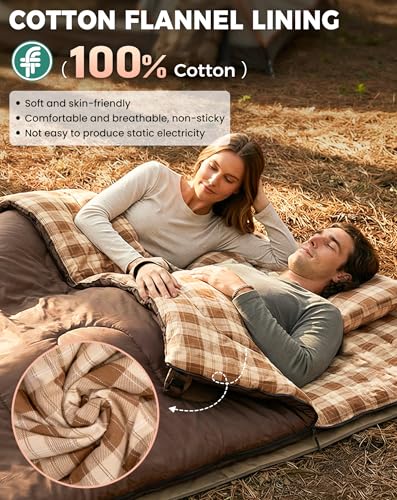 Image of KingCamp Double Sleeping Bag for Adults, Queen Size 2 Person XXL Flannel Sleeping Bag, Waterproof Lightweight Flannel Quilt with 2 Pillows, Perfect for Couples Family Camping Hiking