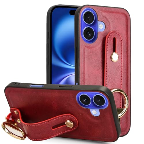 LMFULM® Coque pour Apple iPhone 16 Plus (6,9 Pouces) PU Cover Lanière Poignet Étui de Protection PC Dur Housse Arrière Rigide Case avec Décapsuleur et...