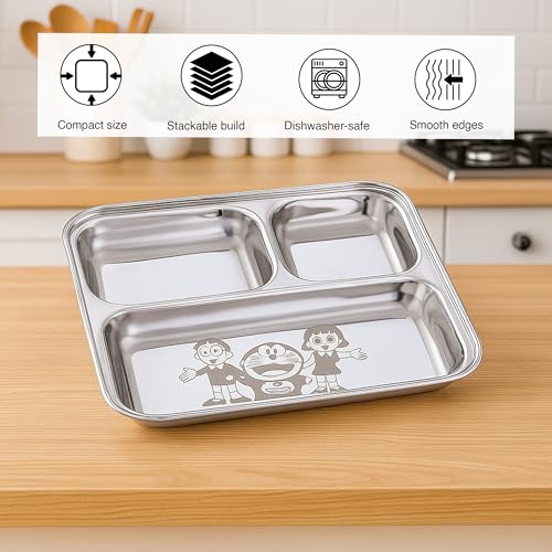 Image of Expresso - Heavy Duty Stainless Steel Square Small Dinner Plate with 3 Sections Divided Mess Trays for Kids Lunch, Camping, Events & Every Day Use Kitchenware, Cartoon Design