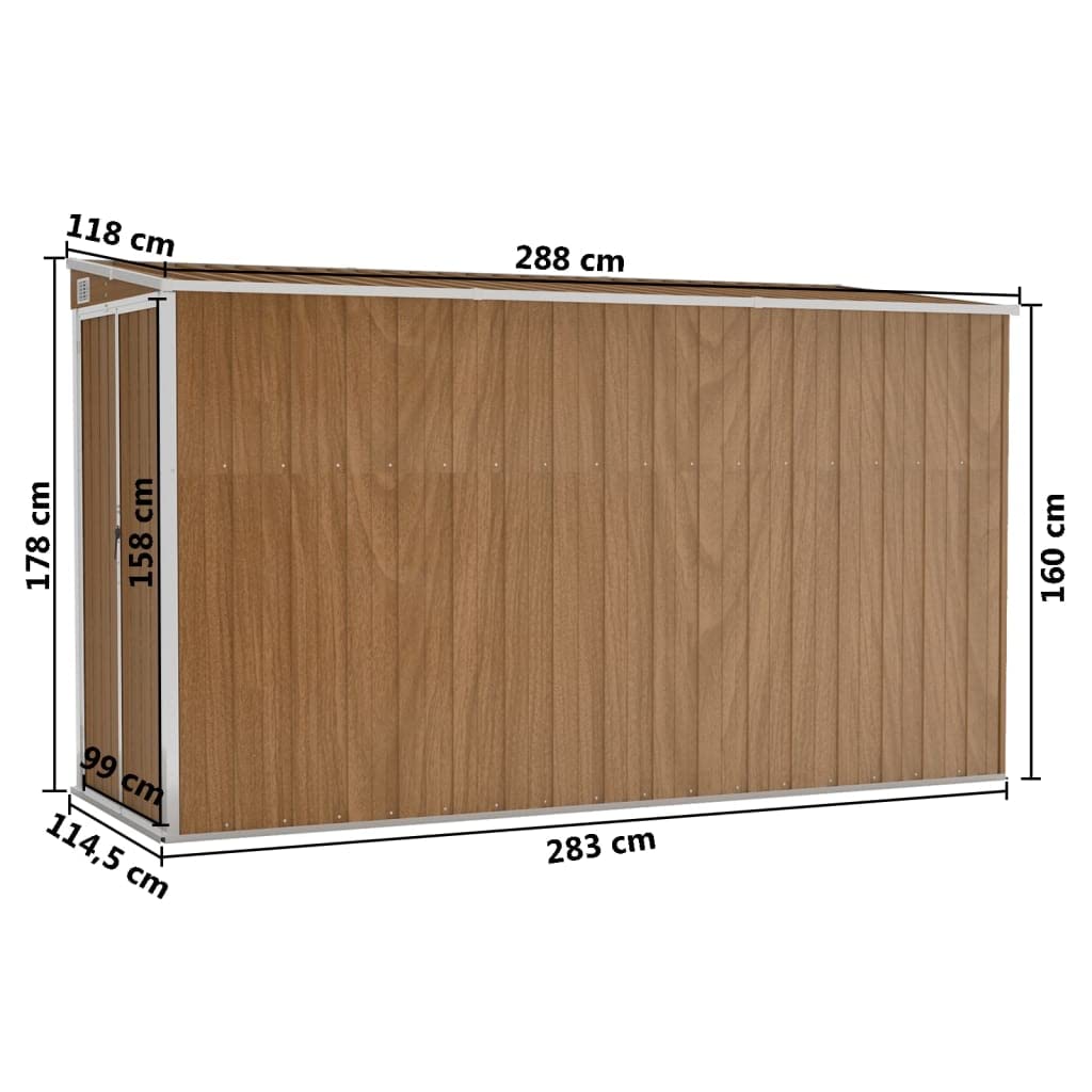 vidaXL Abri de Jardin Mural Abri de Rangement d'Outils Rangement d'Equipement de Jardin Extérieur Marron 118x288x178 cm Acier Galvanisé
