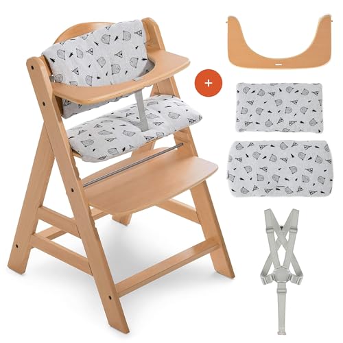 hauck Hochstuhl Alpha+ - Mitwachsender Holz-Kinderhochstuhl, höhenverstellbar, mit Sitzkissen, Schutzbügel & Gurt ab 6 Monaten - Natur