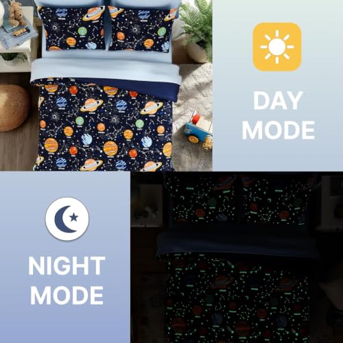 Image of Queen Size Comforter Set for Boys-7 Pieces Planet Glow in the Dark Bedding