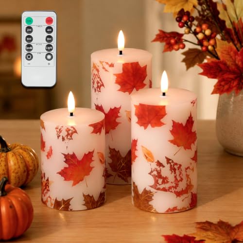 Image of JOIONE Maple Leaf Flameless Pillar Candles with Remote, 3 Pack Fall Decor | Battery Operated LED, Maple Leaf Design, Real Wax, Remote Control, Warm Flickering Glow, Safe Fall Home & Party Decor