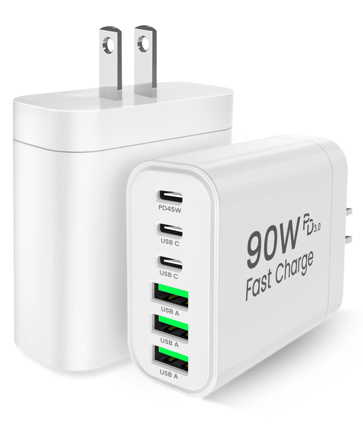 90W GaN USB C Charger Block [2 Pack],6-Port USB C Wall Charger Fast Charging 45W PD Power Adapter for MacBook Air/iPad Pro/iPhone 17Pro Max/Samsung Galaxy S24 Ultra/Tabs for Home Travel