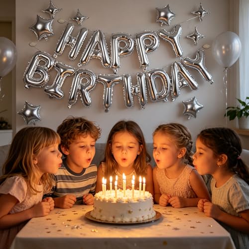 Image of Silver Happy Birthday Balloons Banner 16 Inch Mylar Foil Letters, 10 Inch Five & Four Star, Inflatable Party Decor and Birthday Decorations for Women, Men, Boys & Girls Kids and Adults, Party Supplies