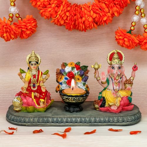 Estatua Lakshmi Ganesha con Diya 4.1" Polystone miniatura 6