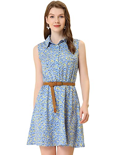 Image of Allegra K Women's Floral Printed Half Placket Above Knee Summer Sleeveless Belted Dress