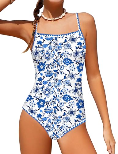 Image of WIQI Girls Swimsuit One Piece Bathing Suit Color Contrast Trim Girls' Swimwear with Cover Up Skirt Size 9-16