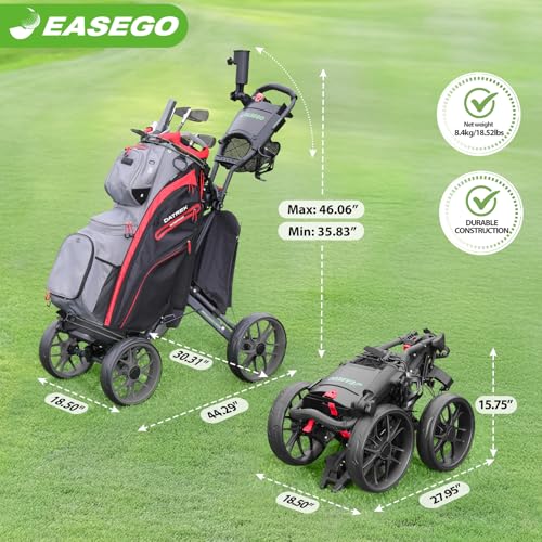 Image of EASEGO Golf Push Cart 4 Wheel : Golf Walking Carts with Phone Holder /Cup Holder /Umbrella Holder /Foot Brake /Cooler Basket 4 Wheel Superlite Golf Pull Cart All-Terrain Golf Caddy Carts(Lime Green)