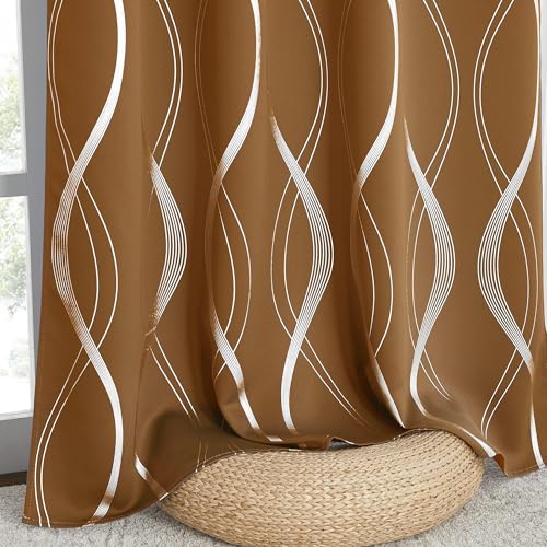 NICETOWN Gold Brown Blackout Fall Pattern Curtains for Living Room 84 inch Long, 52” Wide - Light Reducing Thermal Insulated Foil Printed Grommet Dr