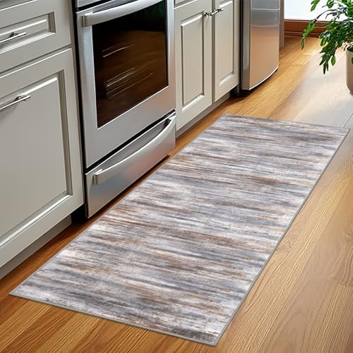 KOZYFLY Kitchen Runner Rug for Hallway Non-Slip Modern Abstract Runner Rug 2x5 Grey Brown, Washable Carpet Runner Laundry Room Mat with Soft Low Pile for Entryway Bathroom Bedroom Kitchen