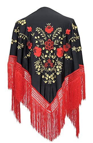 Foulard Ceinture Châle Danse Flamenco Brodé Franges – Noir/Rouge/Doré, 160x80 Cm, Style Authentique Espagnol La Señorita