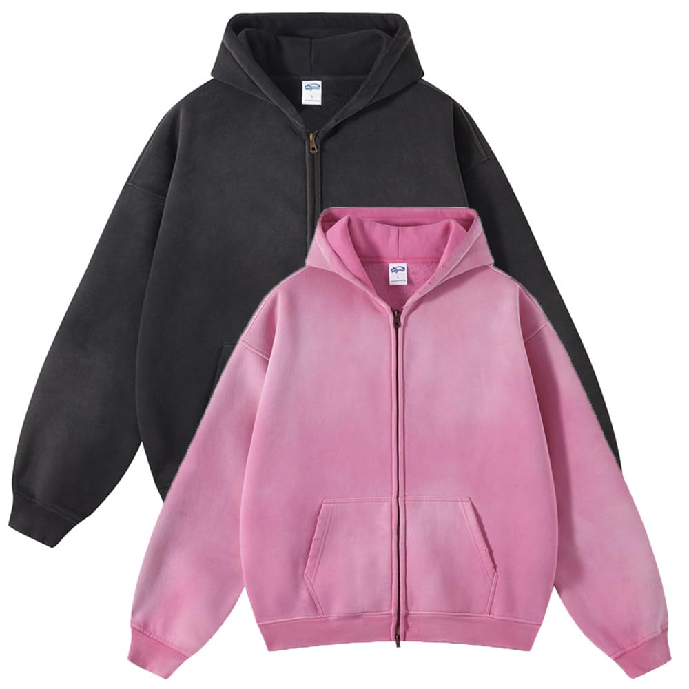 Felpa con cappuccio da uomo vintage con cerniera, oversize, con lavaggio acido, unisex, streetwear