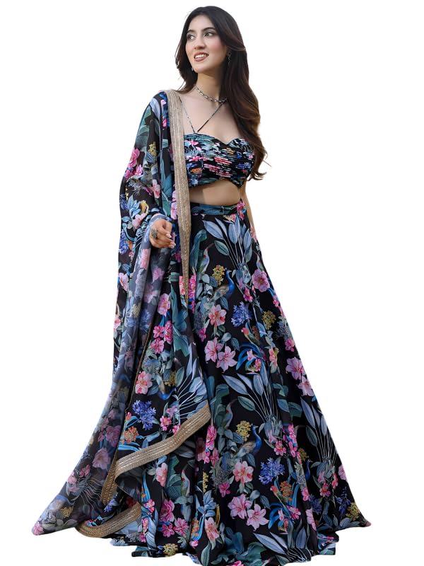 kaizen texo fab Floral Printed Lehenga Choli Set for Women – Stylish Georgette Crop Top Skirt Dupatta Set | Wedding & Festive Wear | Lightweight & Comfortable (BOTNICAL BLACK)-picture-37