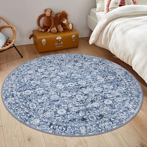 Blue 5' Round Rug Washable Rug for Entryway Soft Non-Slip Area Rugs Distressed Floral Low-Pile Carpet, Neutral Vintage Circle Rugs for Living Room Dining Bedroom Foyer
